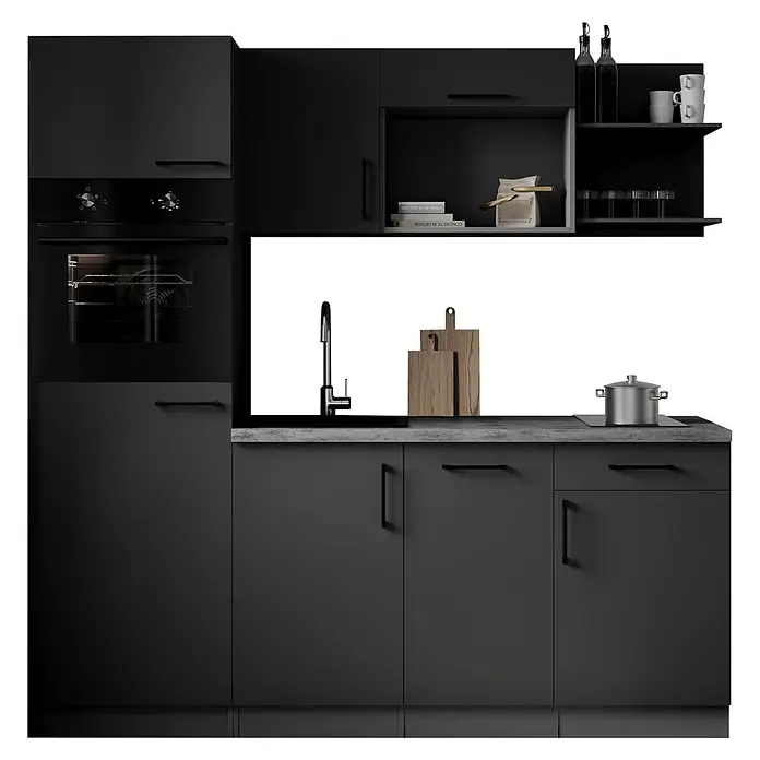 Respekta Oliver Singleküche - Breite: 205 cm, Grau, Geschirrspüler | Kochfeld | Kühlschrank | Backofen - Moderne dunkelgraue Küchenzeile mit eingebautem Backofen, Spüle, Ober- und Unterschränken und offenen Regalen.