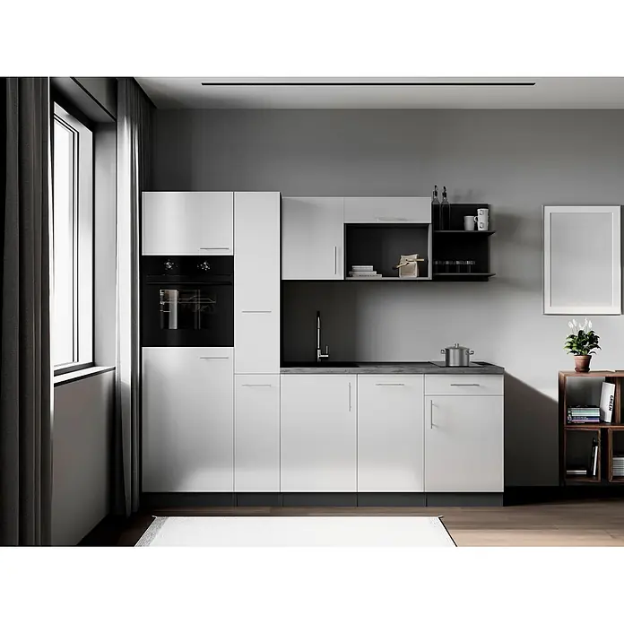 Respekta Oliver Küchenzeile - Breite: 235 cm, Weiß, Geschirrspüler | Kochfeld | Kühlschrank | Backofen - Moderne weiße Küche mit integriertem schwarzem Backofen, Spüle und Herd, eleganten Schränken und grauer Arbeitsplatte in minimalistischem Design.