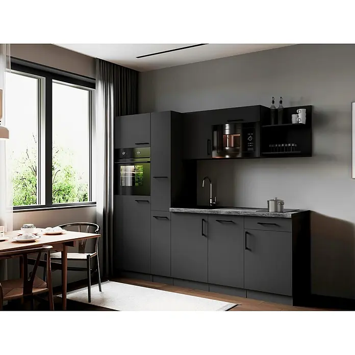Respekta Oliver Küchenzeile - Breite: 235 cm, Grau, Geschirrspüler | Kochfeld | Kühlschrank | Backofen | Mikrowelle - Moderne dunkelgraue Küche mit integriertem Backofen und Mikrowelle, eleganten matten Schränken und Essbereich.