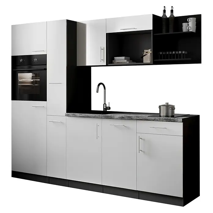 Respekta Oliver Küchenzeile - Breite: 235 cm, Weiß, Geschirrspüler | Kochfeld | Kühlschrank | Backofen - Eine moderne Küchenzeile mit weißen und schwarzen Schränken, einer dunklen Arbeitsplatte, integriertem Backofen, Spüle und offenen Regalen.