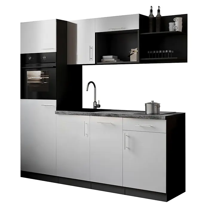 Respekta Oliver Singleküche - Breite: 205 cm, Weiß, Geschirrspüler | Kochfeld | Kühlschrank | Backofen - Moderne modulare Küche mit weißen Schränken, schwarzen Elementen, Backofen und Spüle. Inklusive Edelstahlarmatur und Topf.