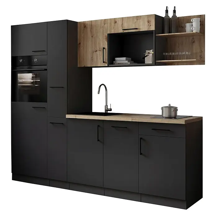 Respekta Oliver Küchenzeile - Breite: 235 cm, Grau/Holz, Geschirrspüler | Kochfeld | Kühlschrank | Backofen - Moderne matte schwarze Küche mit Holzdekor-Oberschränken und Arbeitsplatte, ausgestattet mit integriertem Backofen, Spüle und Kochfeld.