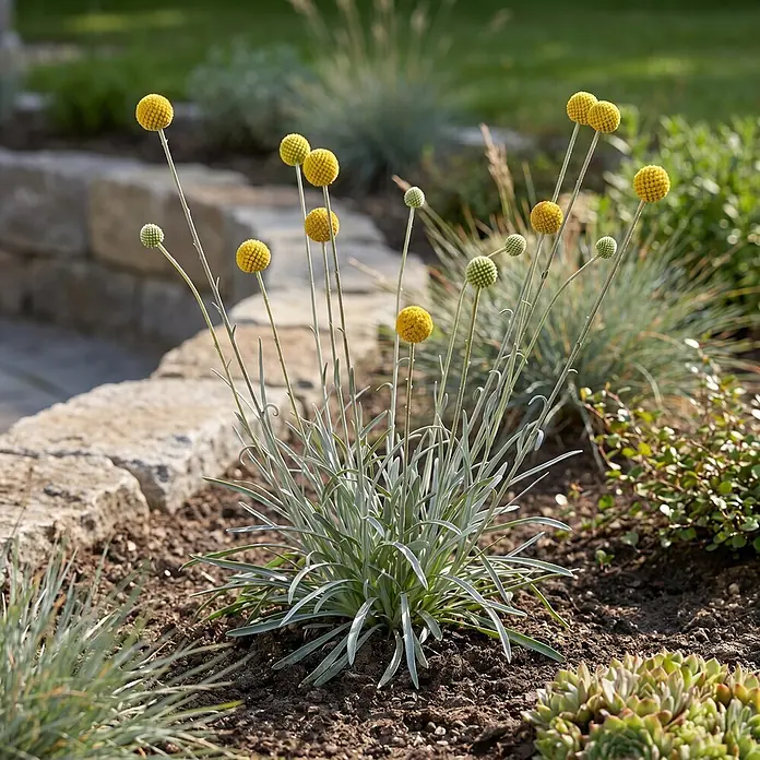 Trommelstöckchen mit Mühlenbeckia - Craspedia Duo, Topfgröße: 17 cm, Gelb - Silbergrüne Pflanze mit hohen Stielen und leuchtend gelben, kugelförmigen Blüten, in einem Gartenbeet mit Steinen.