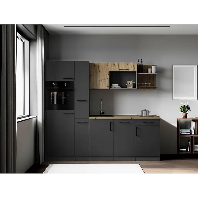 Respekta Oliver Küchenzeile - Breite: 235 cm, Grau/Holz, Geschirrspüler | Kochfeld | Kühlschrank | Backofen - Moderne, kompakte Küchenzeile in Anthrazit und hellem Holz, mit integriertem Backofen, Spüle und Kochfeld.