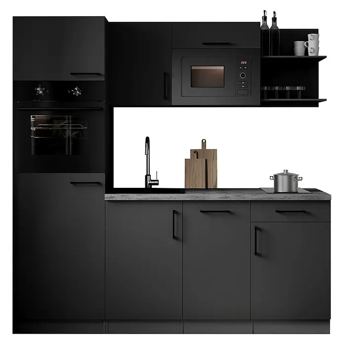 Respekta Oliver Singleküche - Breite: 205 cm, Grau, Kochfeld | Geschirrspüler | Kühlschrank | Mikrowelle | Backofen - Schwarze Küchenzeile mit integriertem Backofen, Mikrowelle, Spüle und Herdplatte, mit modernen Griffen und Zubehör.