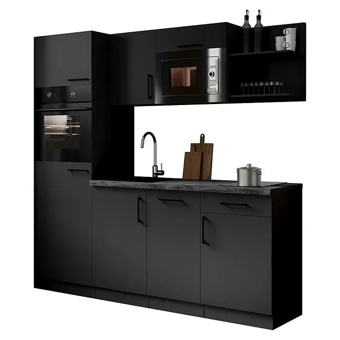 Respekta Oliver Singleküche - Breite: 205 cm, Grau, Kochfeld | Geschirrspüler | Kühlschrank | Mikrowelle | Backofen - Moderne dunkelgraue modulare Küchenzeile mit integriertem Backofen, Mikrowelle, Spüle und Arbeitsplatte. Inklusive Topf, Schneidebrettern und Dekorflaschen.