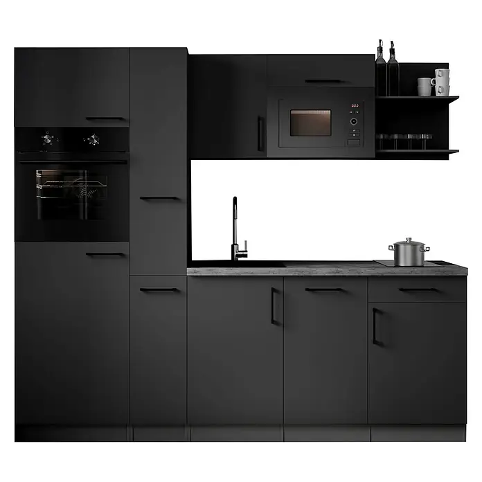 Respekta Oliver Küchenzeile - Breite: 235 cm, Grau, Geschirrspüler | Kochfeld | Kühlschrank | Backofen | Mikrowelle - Moderne schwarze Küche mit Einbauofen, Mikrowelle, Spüle und Kochfeld, mit eleganter Schrankfront und Griffen.