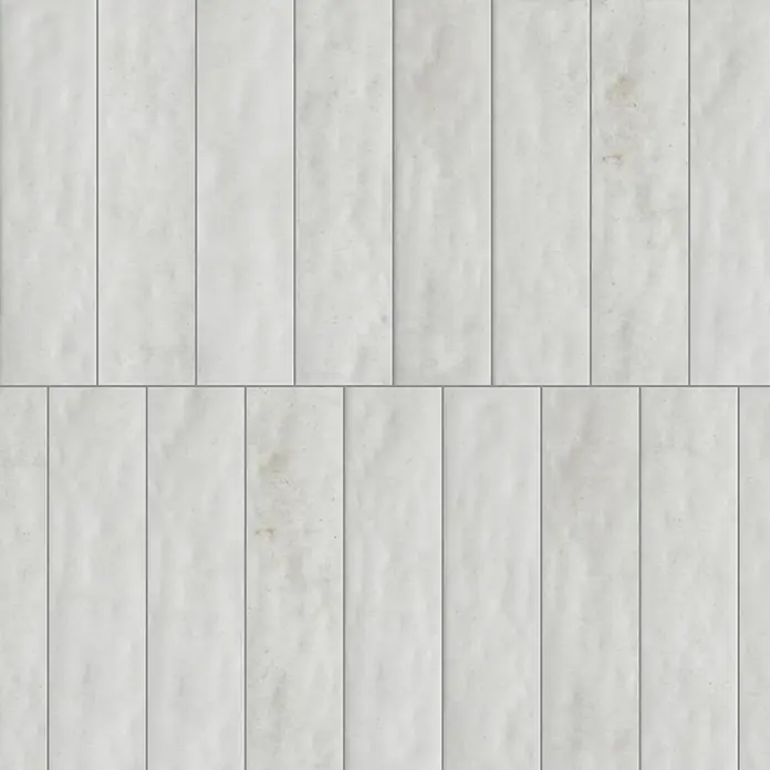 Wandfliese Portofino - 6,5 x 26 cm, White, Glänzend - Hellgraue, texturierte Rechteckplatten mit subtilen Verfärbungen.