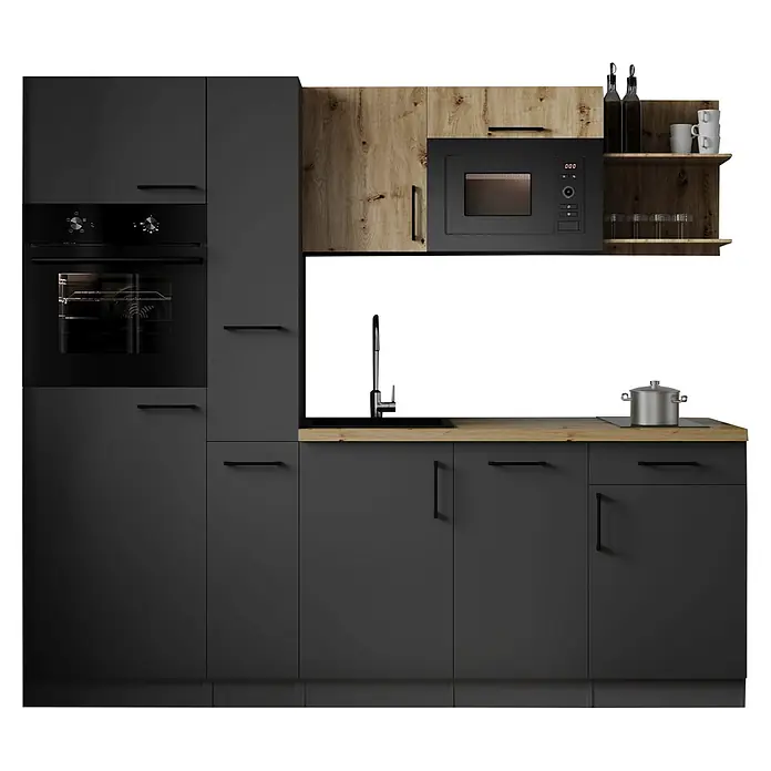 Respekta Oliver Küchenzeile - Breite: 235 cm, Grau/Holz, Geschirrspüler | Kochfeld | Kühlschrank | Backofen | Mikrowelle - Moderne dunkelgraue Küche mit Holzelementen, inklusive integriertem Backofen, Mikrowelle, Spüle und Kochfeld.
