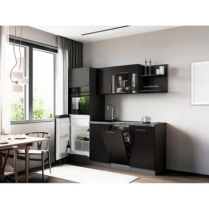 Respekta Oliver Singleküche - Breite: 205 cm, Schwarz, Kochfeld | Geschirrspüler | Kühlschrank | Mikrowelle | Backofen - Kompakte schwarze Küchenschränke mit integriertem Backofen, Mikrowelle, Kühlschrank und Geschirrspüler in moderner Küche.