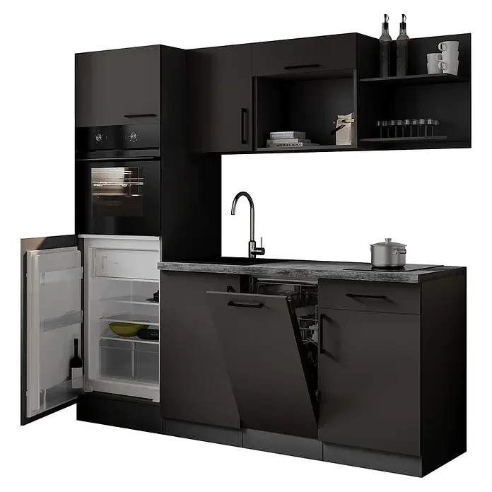Respekta Oliver Singleküche - Breite: 205 cm, Grau, Geschirrspüler | Kochfeld | Kühlschrank | Backofen - Dunkelgraue Küchenzeile mit Backofen, geöffnetem Kühlschrank, Geschirrspüler, Spüle und Kochfeld.