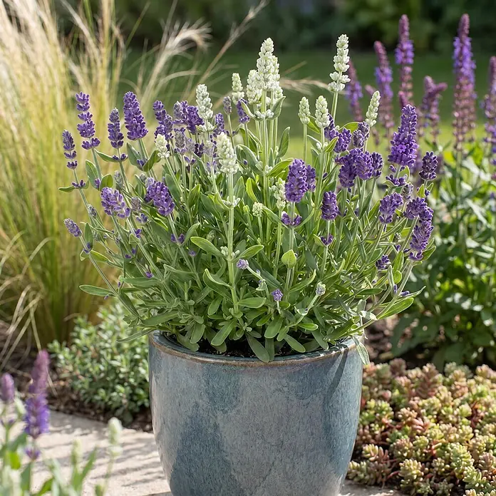 Piardino Lavendel - Lavandula angustifolia, Topfgröße: 13 cm, Blau-Weiß - Topf-Lavendelpflanze mit lila und weißen Blüten in einem blaugrauen Keramiktopf, im Garten.
