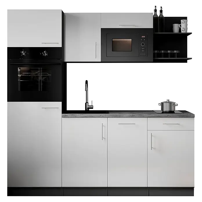 Respekta Oliver Singleküche - Breite: 205 cm, Weiß, Kochfeld | Geschirrspüler | Kühlschrank | Mikrowelle | Backofen - Moderne Küchenzeile mit weißen Schränken, schwarzem Backofen, Mikrowelle, Kochfeld und Spüle.