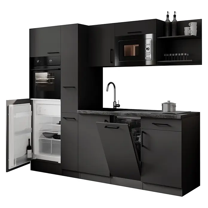 Respekta Oliver Küchenzeile - Breite: 235 cm, Grau, Geschirrspüler | Kochfeld | Kühlschrank | Backofen | Mikrowelle - Eine elegante, dunkelgraue Modulküche mit integriertem Ofen, Mikrowelle, offenem Kühlschrank, offener Spülmaschine, Spüle und Kochfeld, mit einer grauen Arbeitsplatte.