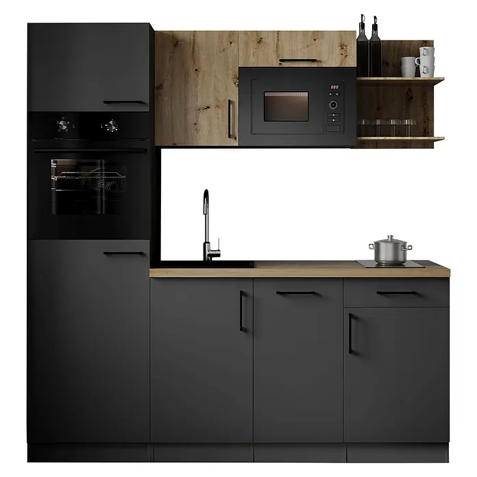 Respekta Oliver Singleküche - Breite: 205 cm, Grau/Holz, Kochfeld | Geschirrspüler | Kühlschrank | Mikrowelle | Backofen - Moderne Küchenzeile mit dunkelgrauen Schränken, hellen Holzdetails und integrierten Geräten wie Backofen, Mikrowelle, Spüle, Kochfeld.