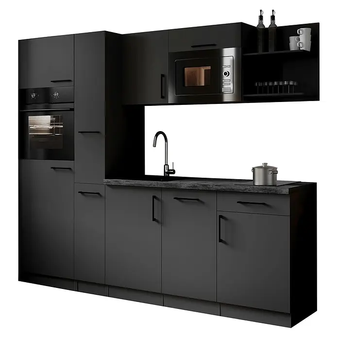 Respekta Oliver Küchenzeile - Breite: 235 cm, Grau, Geschirrspüler | Kochfeld | Kühlschrank | Backofen | Mikrowelle - Moderne dunkelgraue Modulküche mit integriertem Backofen, Mikrowelle, Spüle und schwarzer Arbeitsplatte.