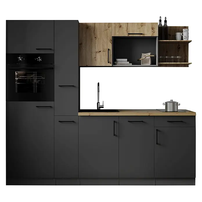 Respekta Oliver Küchenzeile - Breite: 235 cm, Grau/Holz, Geschirrspüler | Kochfeld | Kühlschrank | Backofen - Moderne Küche mit dunkelgrauen Schränken, heller Holz-Arbeitsplatte, integriertem Backofen und Spüle.
