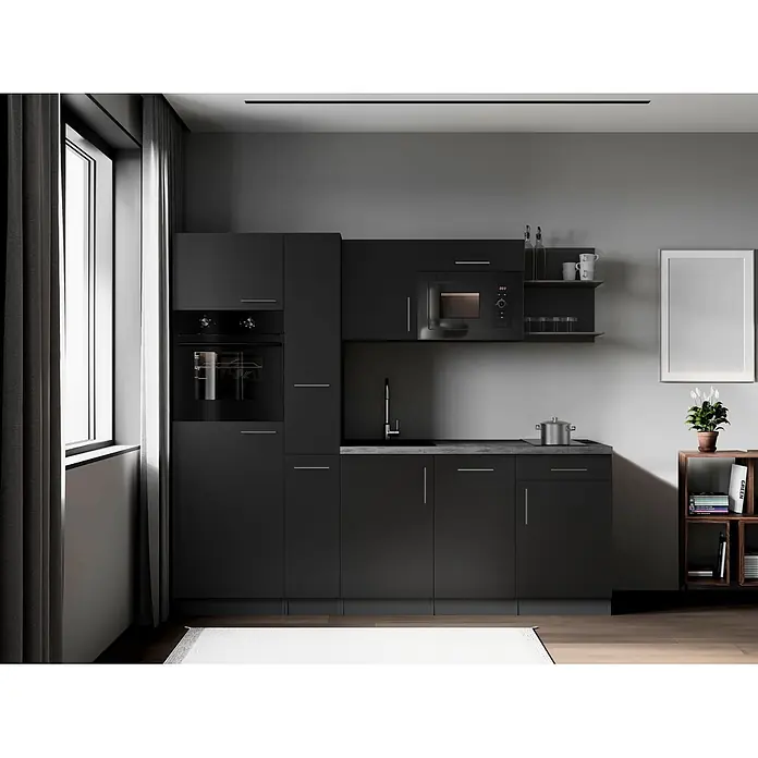Respekta Oliver Küchenzeile - Breite: 235 cm, Schwarz, Geschirrspüler | Kochfeld | Kühlschrank | Backofen | Mikrowelle - Eine elegante schwarze Modulküche mit integriertem Backofen, Mikrowelle, Spüle und Kochfeld, in einem modernen Raum.