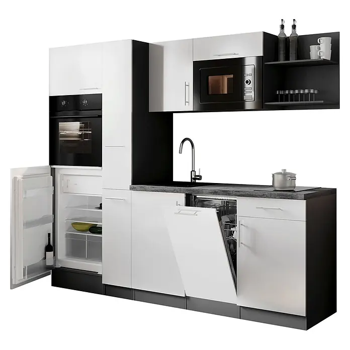 Respekta Oliver Küchenzeile - Breite: 235 cm, Weiß, Geschirrspüler | Kochfeld | Kühlschrank | Backofen | Mikrowelle - Moderne Küche mit weißen und schwarzen Schränken, integrierten Geräten wie offenem Kühlschrank und Geschirrspüler, Spüle und Herd.