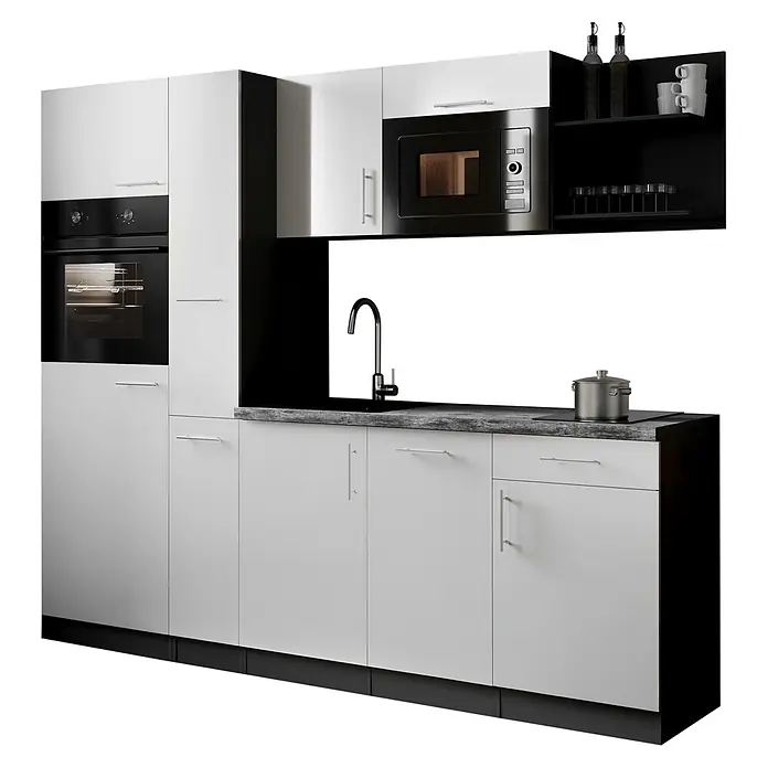 Respekta Oliver Küchenzeile - Breite: 235 cm, Weiß, Geschirrspüler | Kochfeld | Kühlschrank | Backofen | Mikrowelle - Moderne Küchenzeile mit weißen Schränken, schwarzer Arbeitsplatte, integriertem Backofen, Mikrowelle, Spüle und offenen Regalen.