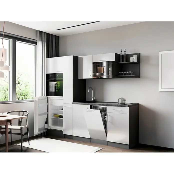 Respekta Oliver Küchenzeile - Breite: 235 cm, Weiß, Geschirrspüler | Kochfeld | Kühlschrank | Backofen | Mikrowelle - Moderne Kompaktküche mit weißen Schränken, dunklen Arbeitsplatten und integrierten Geräten.