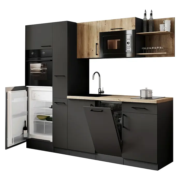 Respekta Oliver Küchenzeile - Breite: 235 cm, Grau/Holz, Geschirrspüler | Kochfeld | Kühlschrank | Backofen | Mikrowelle - Moderne dunkelgraue Küche mit Holzakzenten und integrierten Geräten: offenem Kühlschrank, Geschirrspüler, Ofen, Mikrowelle und Spüle.