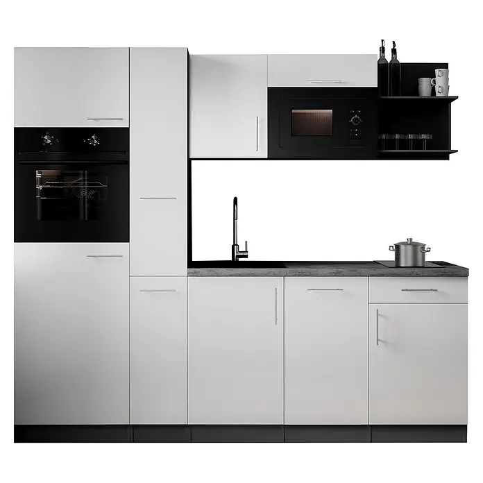 Respekta Oliver Küchenzeile - Breite: 235 cm, Weiß, Geschirrspüler | Kochfeld | Kühlschrank | Backofen | Mikrowelle - Moderne Kücheneinrichtung mit weißen Schränken, schwarzen Einbaugeräten, dunkelgrauer Arbeitsplatte und Spüle.
