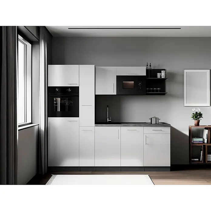 Respekta Oliver Küchenzeile - Breite: 235 cm, Weiß, Geschirrspüler | Kochfeld | Kühlschrank | Backofen | Mikrowelle - Moderne weiße Küche mit schwarzen Einbaugeräten, grauer Arbeitsplatte und schwarzem Spülbecken.
