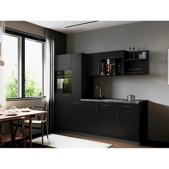 Respekta Oliver Küchenzeile - Breite: 235 cm, Schwarz, Geschirrspüler | Kochfeld | Kühlschrank | Backofen | Mikrowelle - Moderne dunkelgraue Küche mit integrierten Geräten wie Ofen, Mikrowelle und Spüle in einem Essbereich.