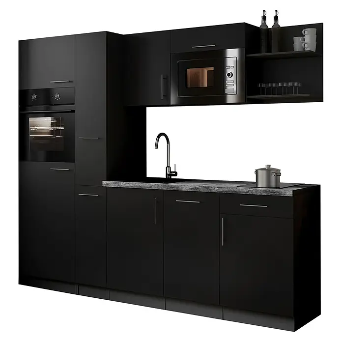 Respekta Oliver Küchenzeile - Breite: 235 cm, Schwarz, Geschirrspüler | Kochfeld | Kühlschrank | Backofen | Mikrowelle - Moderne schwarze Küchenzeile mit integriertem Backofen, Mikrowelle, Spüle und dunkler Arbeitsplatte.