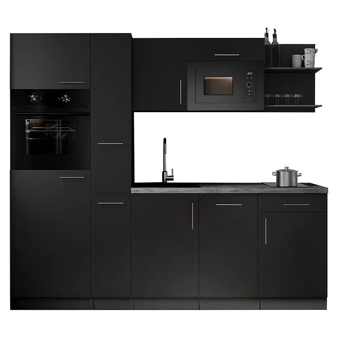 Respekta Oliver Küchenzeile - Breite: 235 cm, Schwarz, Geschirrspüler | Kochfeld | Kühlschrank | Backofen | Mikrowelle - Moderne dunkelgraue Küche mit integriertem Backofen, Mikrowelle, Spüle und Kochfeld, inklusive Hängeschränken und Arbeitsplatte.