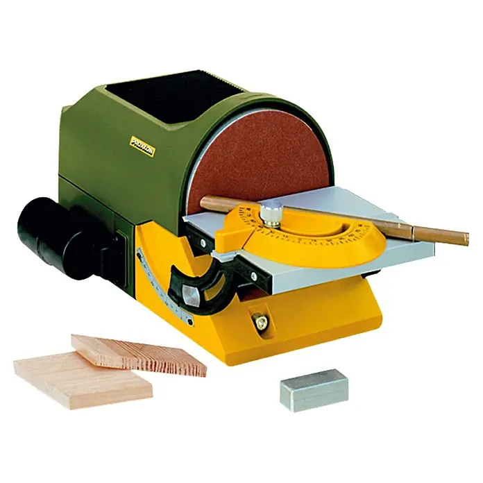 Proxxon Tellerschleifgerät TG 125/E - 140 W, 125 mm, 800 m/min - Ein Proxon-Bandschleifer mit Winkelskala für präzises Schleifen von Werkstücken mit verschiedenen Schleifwinkeln für professionelle Anwendungen.