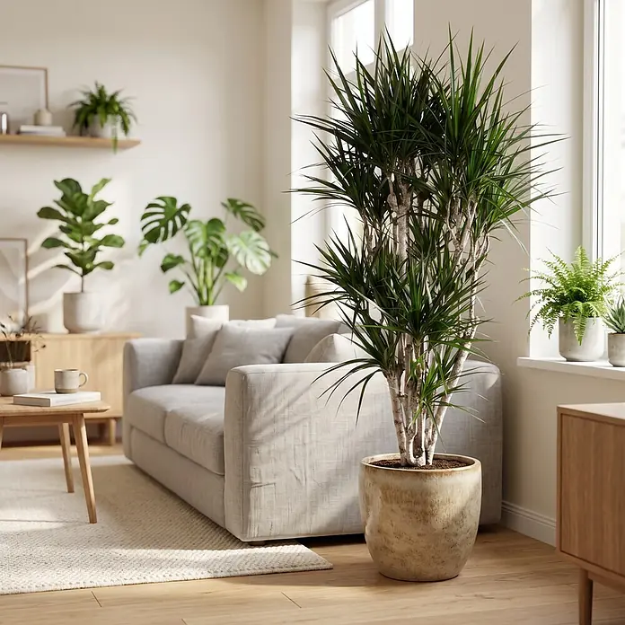 Piardino Drachenbaum verzweigt - Dracaena marginata, Topfgröße: 32 cm - Große Dracaena-Pflanze mit grünen Blättern und mehreren hellen Stämmen in einem Keramiktopf, in einem hellen Wohnzimmer neben einem Sofa.