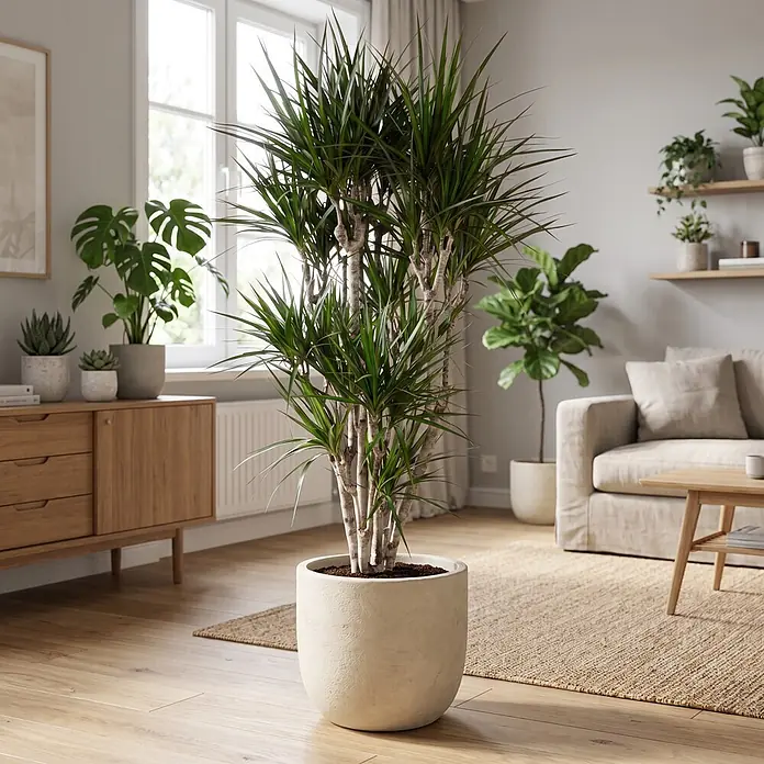 Piardino Drachenbaum verzweigt - Dracaena marginata, Topfgröße: 32 cm - Große Dracaena mit spitz zulaufenden grünen Blättern und mehreren dicken Stämmen in einem runden, hellbeigen Topf auf einem Holzboden.