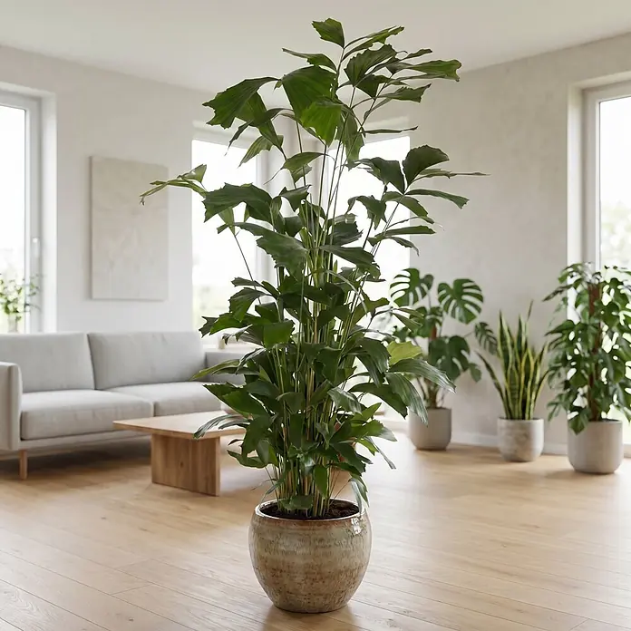 Piardino Fischschwanzpalme - Caryota mitis, Topfgröße: 32 cm - Eine große, üppig grüne Zimmerpflanze in einem strukturierten, glasierten Keramiktopf, stehend in einem hellen Wohnzimmer.