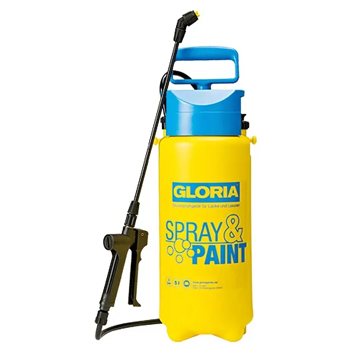 Gloria Drucksprühgerät Spray&Paint - Betriebsdruck: 3 bar, Kunststoff - Gelbes Gloria Sprühgerät für Lacke und Lasuren mit blauem Griff und schwarzer Sprühlanze für den vielseitigen Einsatz.