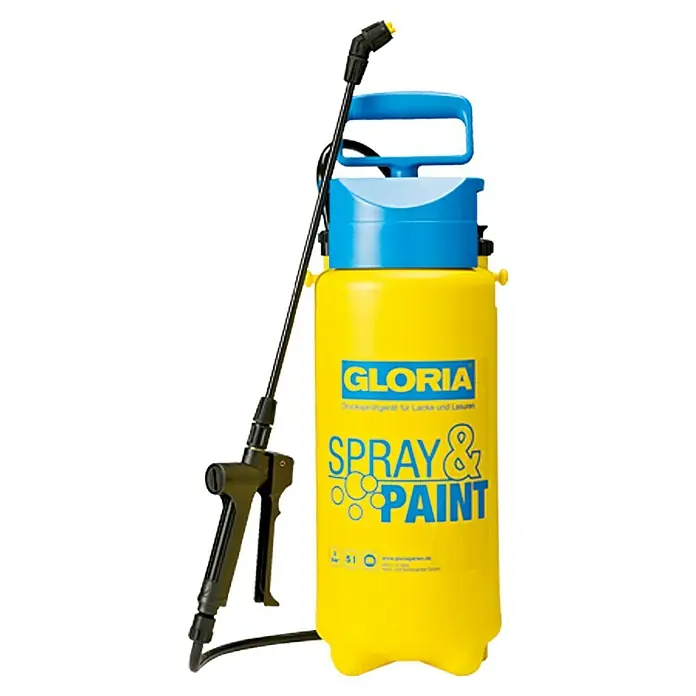 Gloria Drucksprühgerät Spray&Paint - 5 l - Gelbes Gloria Sprühgerät für Lacke und Lasuren mit blauem Griff und schwarzer Sprühlanze für den vielseitigen Einsatz.