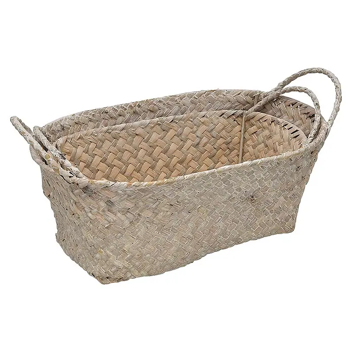 Versa Cesta - L x An x Al: 30 x 20 x 12 cm, Gris, 2 pzs. - Conjunto de tres cestas ovaladas de paja trenzada clara con asas, anidadas.
