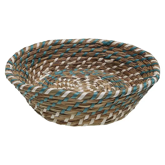 Versa Cesta - L x An x Al: 25 x 25 x 8 cm, Azul y blanco - Cesta redonda y poco profunda tejida con fibras naturales y rayas decorativas blancas y azul claro.