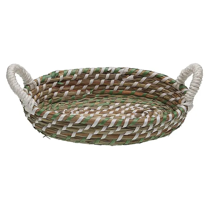 Versa Cesta con asas - L x An x Al: 26 x 17 x 6 cm, Verde y blanco - Cesta tejida de fibras naturales con detalles verdes y blancos y asas.