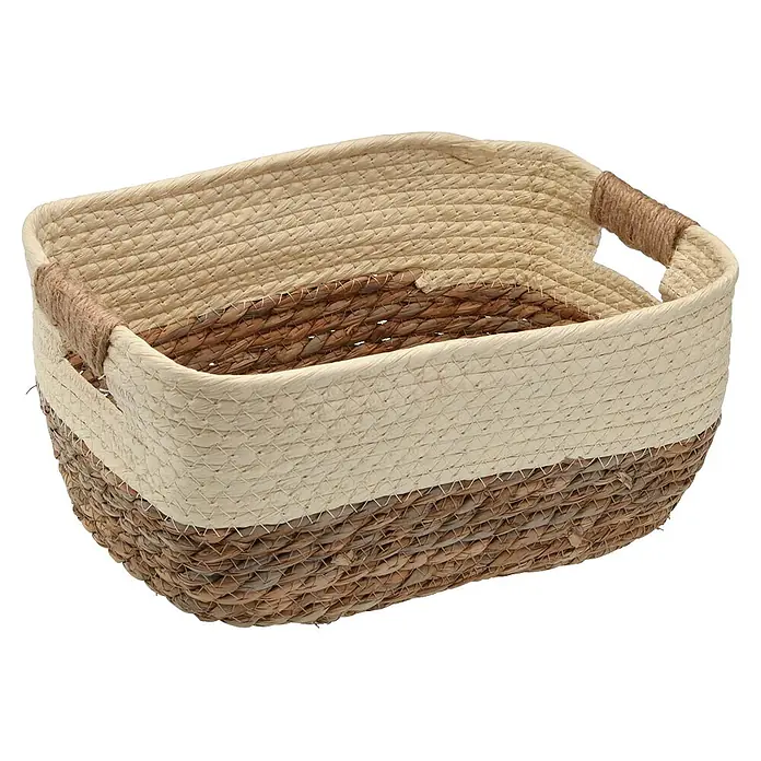 Versa Cesta - L x An x Al: 19 x 19 x 13 cm, Beige, Fibra natural - Cesta de almacenamiento tejida bicolor con base marrón natural y parte superior crema, con asas integradas.