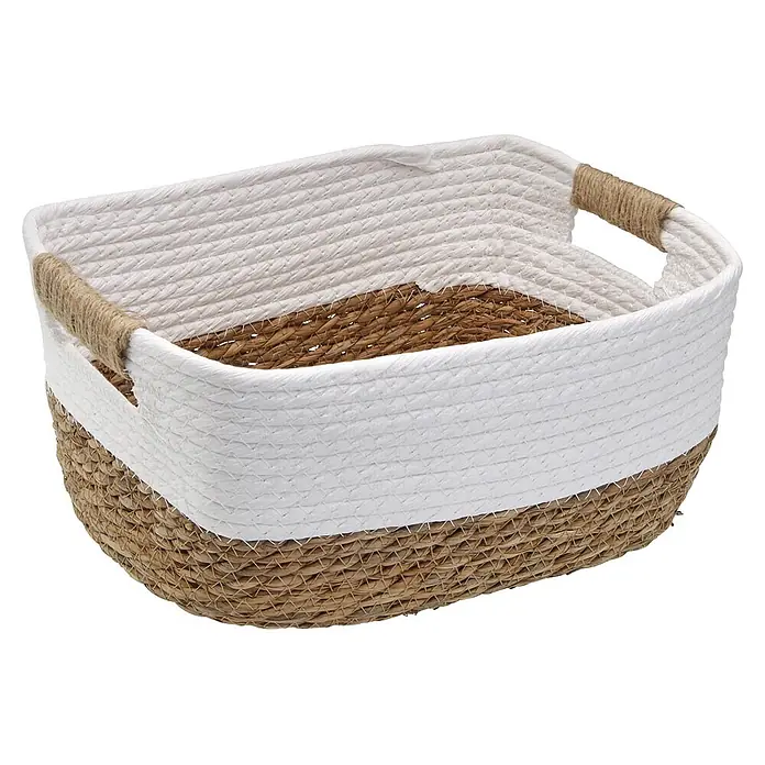 Versa Cesta - L x An x Al: 31 x 23 x 13 cm, Blanco, Fibra natural - Cesta de almacenamiento tejida bicolor con base marrón natural, parte superior blanca y asas de cuerda.