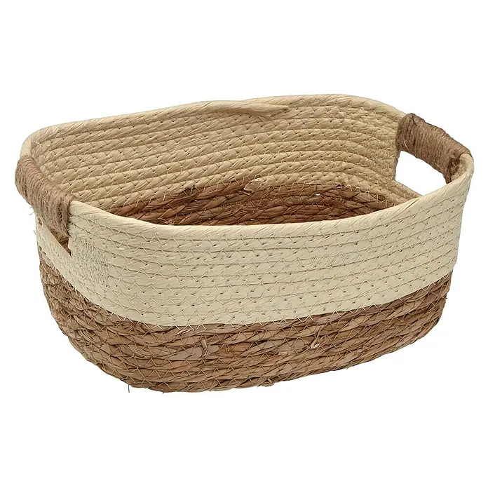 Versa Cesta - L x An x Al: 27 x 20 x 12 cm, Beige, Fibra natural - Cesta de almacenaje tejida bicolor con asas integradas. De fibras naturales, marrón claro abajo, blanco crema arriba.