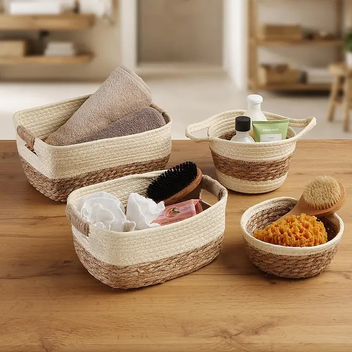 Versa Cesta - Diámetro: 18 cm, Beige - Conjunto de cestas de almacenamiento de fibras naturales en tonos beige y marrón, llenas de accesorios de baño sobre una mesa de madera.