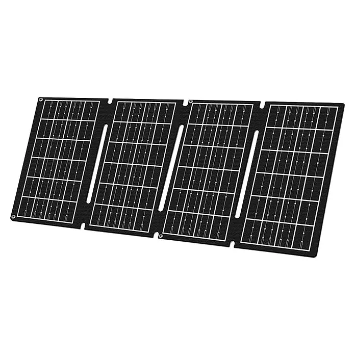 EDM Panel solar Plegable - Potencia nominal: 15 W, L x An x Al: 0,3 x 48,5 x 19,5 cm - Panel solar plegable negro con cuatro paneles interconectados, mostrando celdas solares con líneas blancas, para energía portátil.