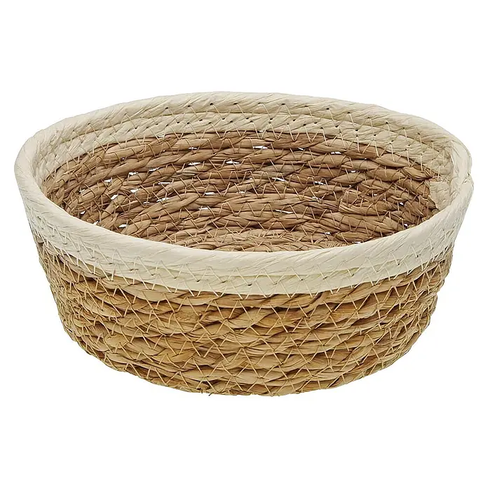 Versa Cesta - Diámetro: 18 cm, Beige - Cesta de almacenamiento tejida bicolor de fibras naturales con un borde superior más claro.