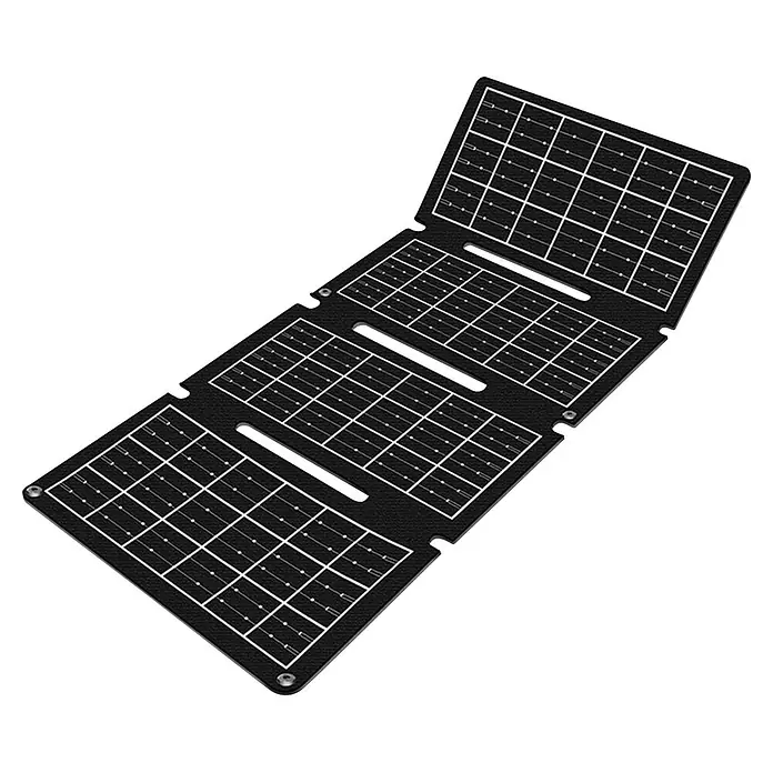 EDM Panel solar Plegable - Potencia nominal: 15 W, L x An x Al: 0,3 x 48,5 x 19,5 cm - Panel solar plegable negro con cuatro secciones de celdas fotovoltaicas, para generación de energía portátil.