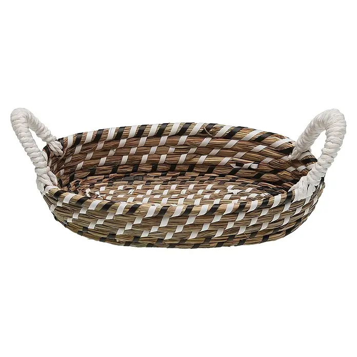 Versa Cesta con asas - L x An x Al: 26 x 17 x 6 cm, Negra y blanco - Cesta ovalada trenzada de fibras naturales, con bandas blancas y negras y asas de cuerda blanca.