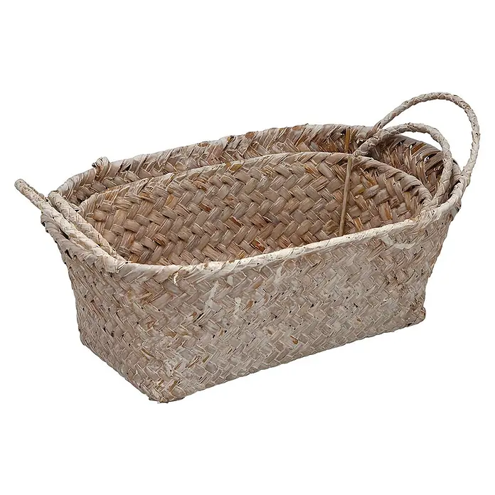 Versa Cesta - L x An x Al: 30 x 20 x 12 cm, Marrón, 2 pzs. - Conjunto de tres cestas nido tejidas de fibra natural de color claro con asas.