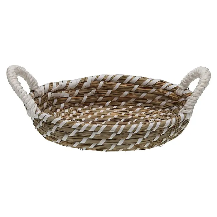 Versa Cesta con asas - L x An x Al: 35 x 19 x 9 cm, Blanco - Una cesta ovalada tejida con fibras naturales, detalles blancos y asas robustas de cuerda blanca.